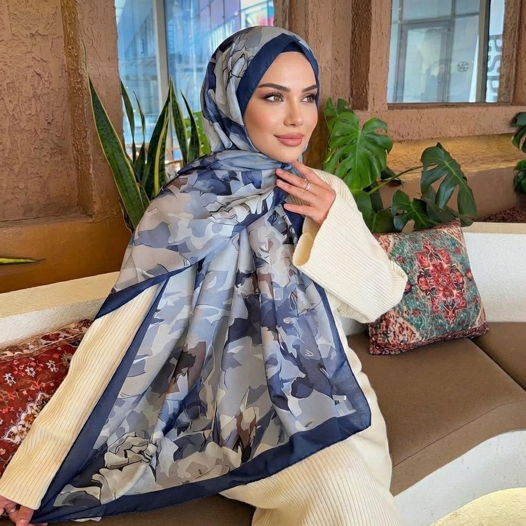 Revam Collection Desenli Pamuk Soft Şal Lacivert