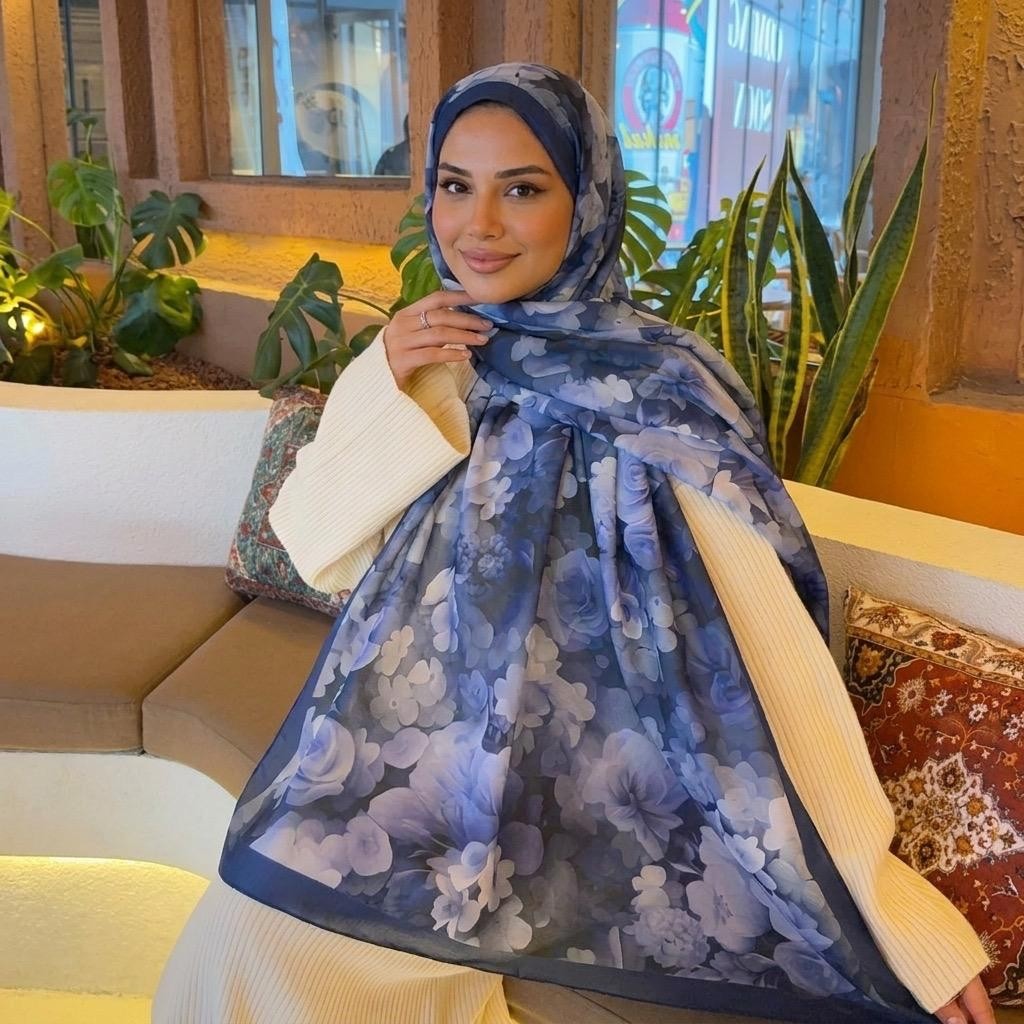 Revam Collection Desenli Pamuk Soft Şal Lacivert