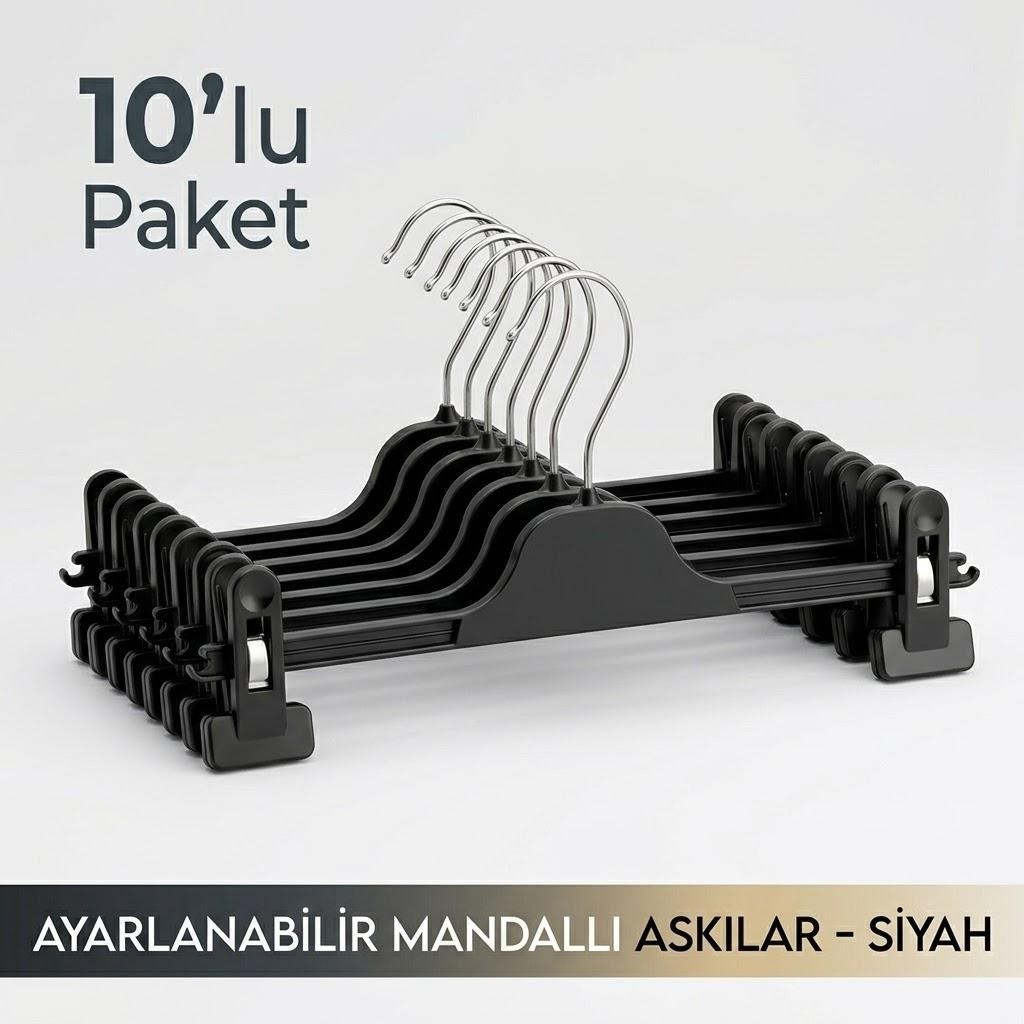 Semak Plastik 10 Adet Siyah Mandallı Pantolon Askısı
