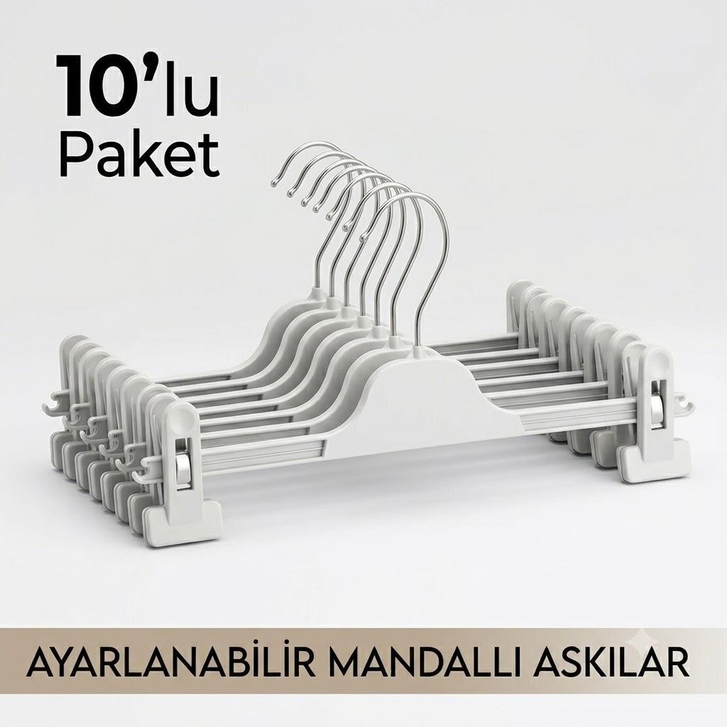 Semak Plastik 10 Adet Beyaz Mandallı Pantolon Askısı