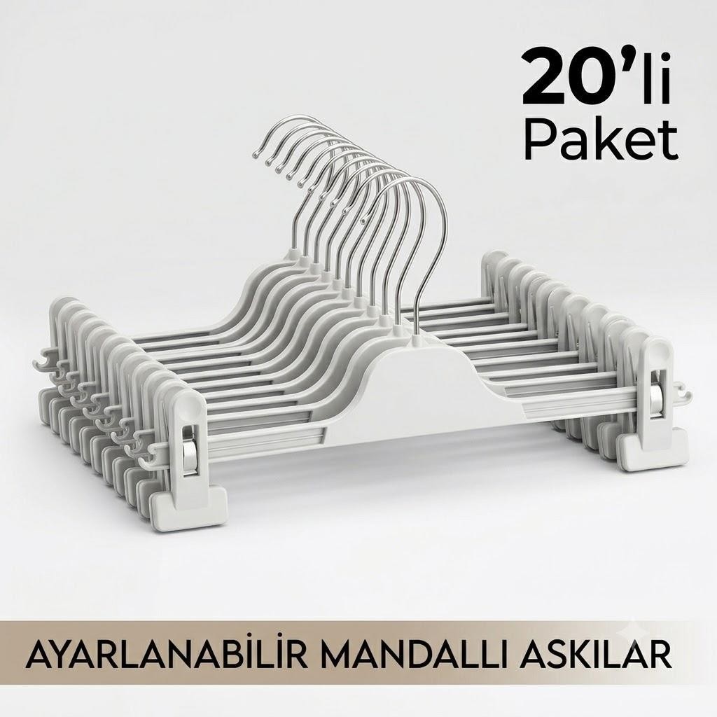Semak Plastik 20 Adet Beyaz Mandallı Pantolon Askısı