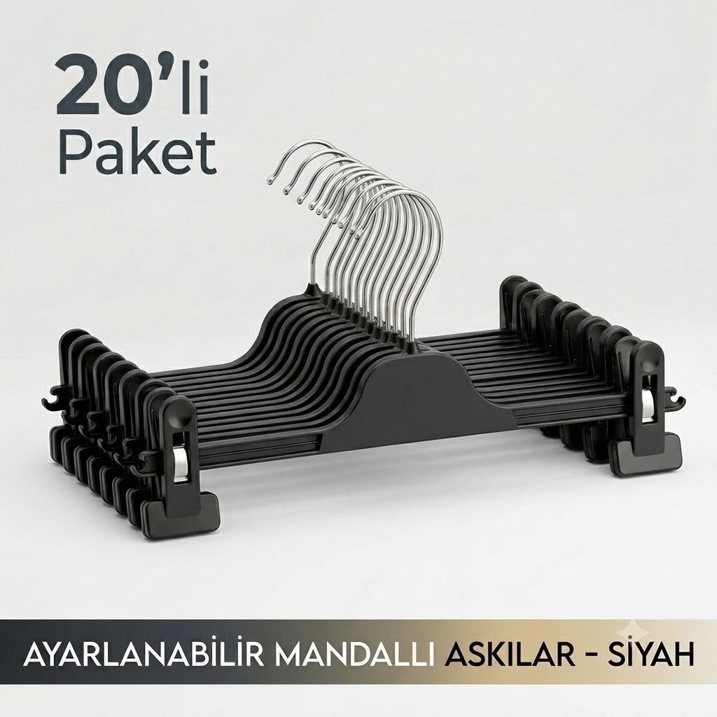 Semak Plastik 20 Adet Siyah Mandallı Pantolon Askısı