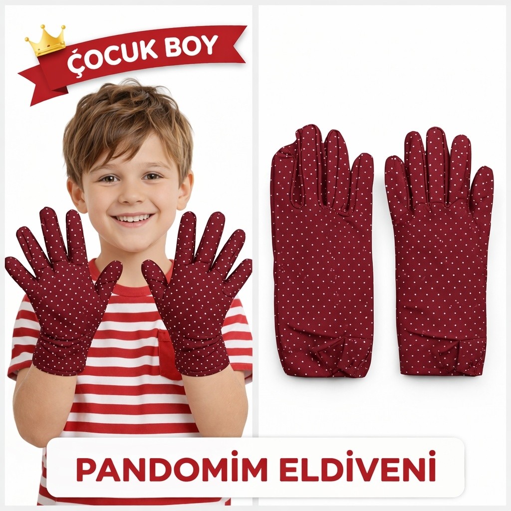 Go İthalat Çocuk Boy Pandomim Eldiveni Beyaz Puantiyeli Bordo Renk Gösteri Eldiveni 23 Nisan 19 Mayıs (5669)