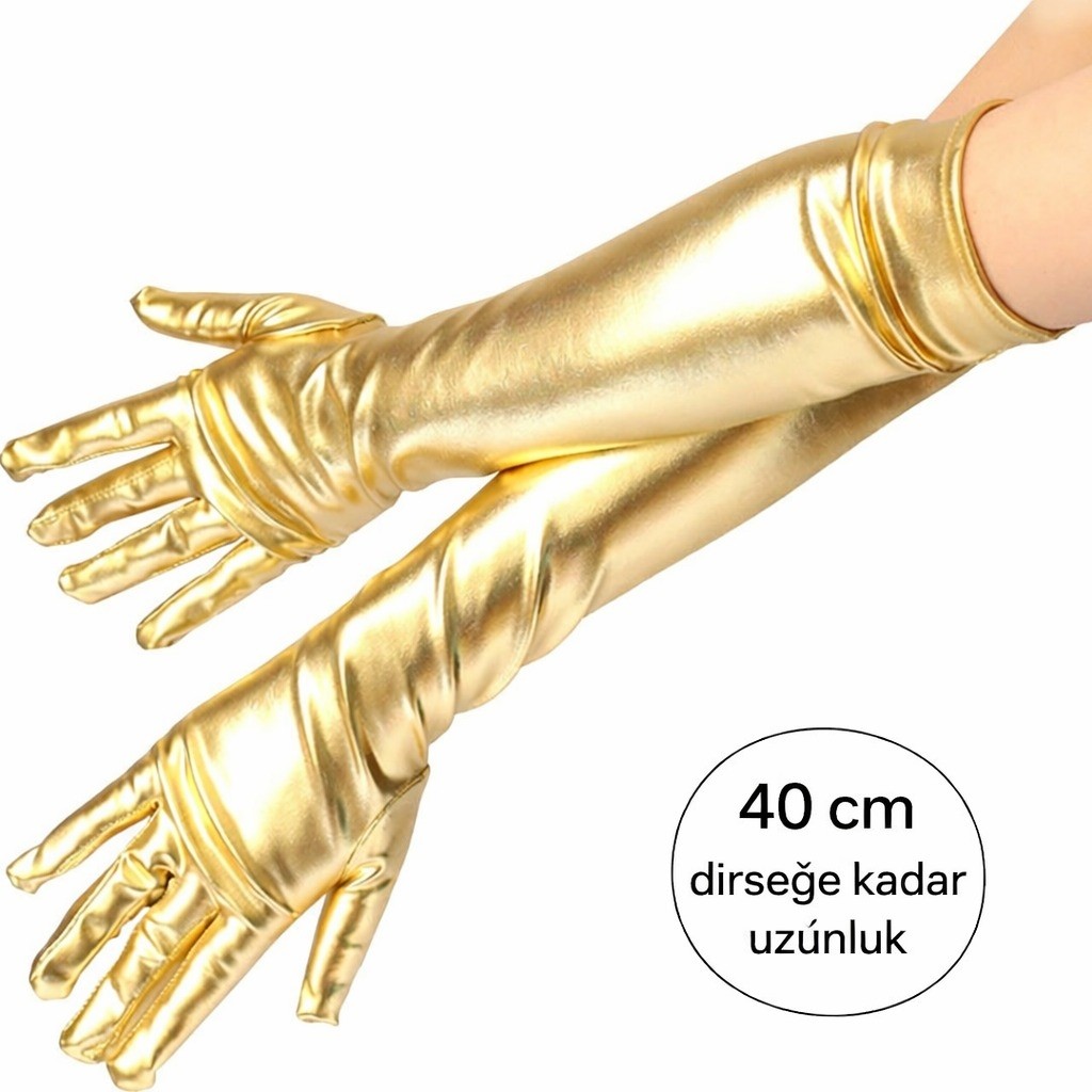 TeknoKapsül Altın Renk Dirsek Altı Lüks Saten Eldiven 40 cm (5643)