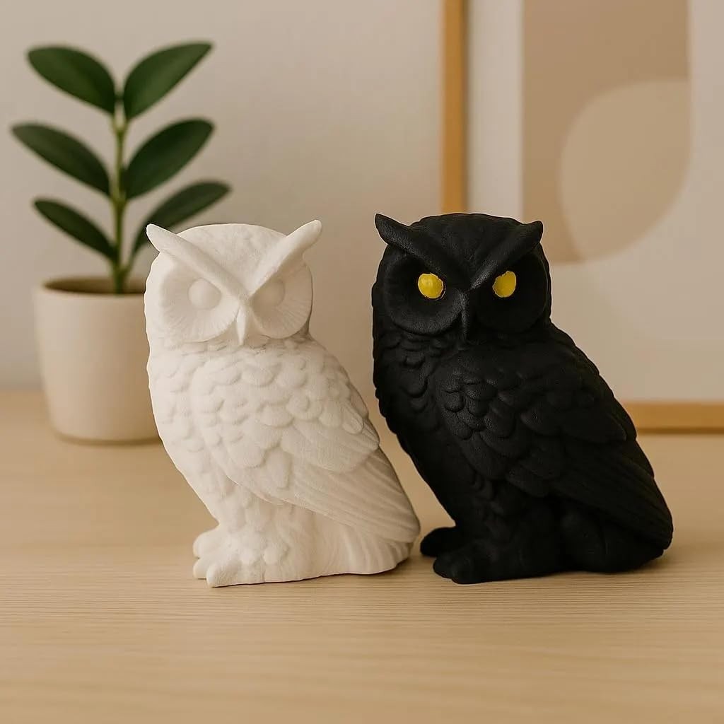 Özkaya Store Gotik Baykuş Biblo Seti (2’li), Siyah Beyaz El Yapımı Taş Tozu Baykuş Heykeli, Dark Academia Ev & Raf Dekoru