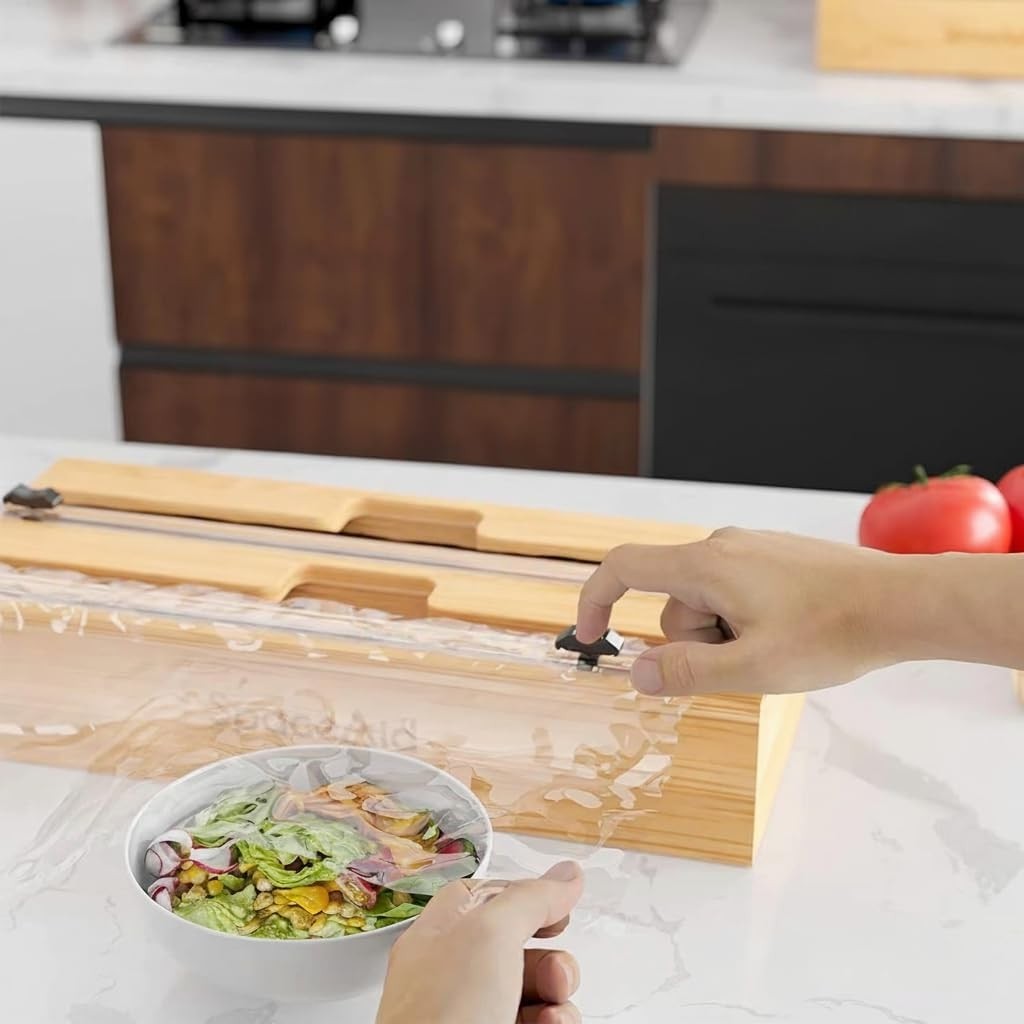Özkaya Store Bambu Streç Film ve Folyo Düzenleyici, Kaydırılabilir Kesicili, 2'si 1 Arada Mutfak Çekmece Içi ve Tezgah Üstü Organizer, Alüminyum Folyo ve Yağlı Kağıt Kesici Saklama Kutusu (35,5 Cm)