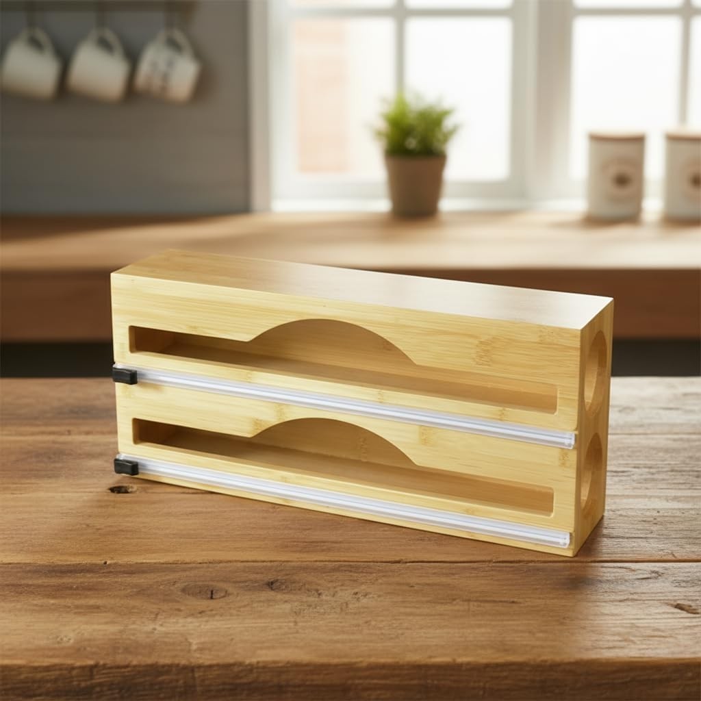 Özkaya Store Bambu Streç Film ve Folyo Düzenleyici, Kaydırılabilir Kesicili, 2'si 1 Arada Mutfak Çekmece Içi ve Tezgah Üstü Organizer, Alüminyum Folyo ve Yağlı Kağıt Kesici Saklama Kutusu (35,5 Cm) görsel 2