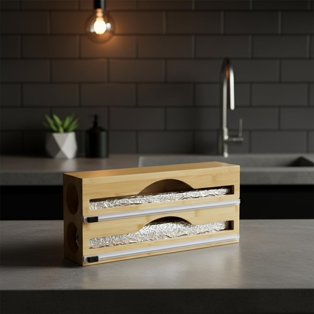 Özkaya Store Bambu Streç Film ve Folyo Düzenleyici, Kaydırılabilir Kesicili, 2'si 1 Arada Mutfak Çekmece Içi ve Tezgah Üstü Organizer, Alüminyum Folyo ve Yağlı Kağıt Kesici Saklama Kutusu (35,5 Cm) görsel 4