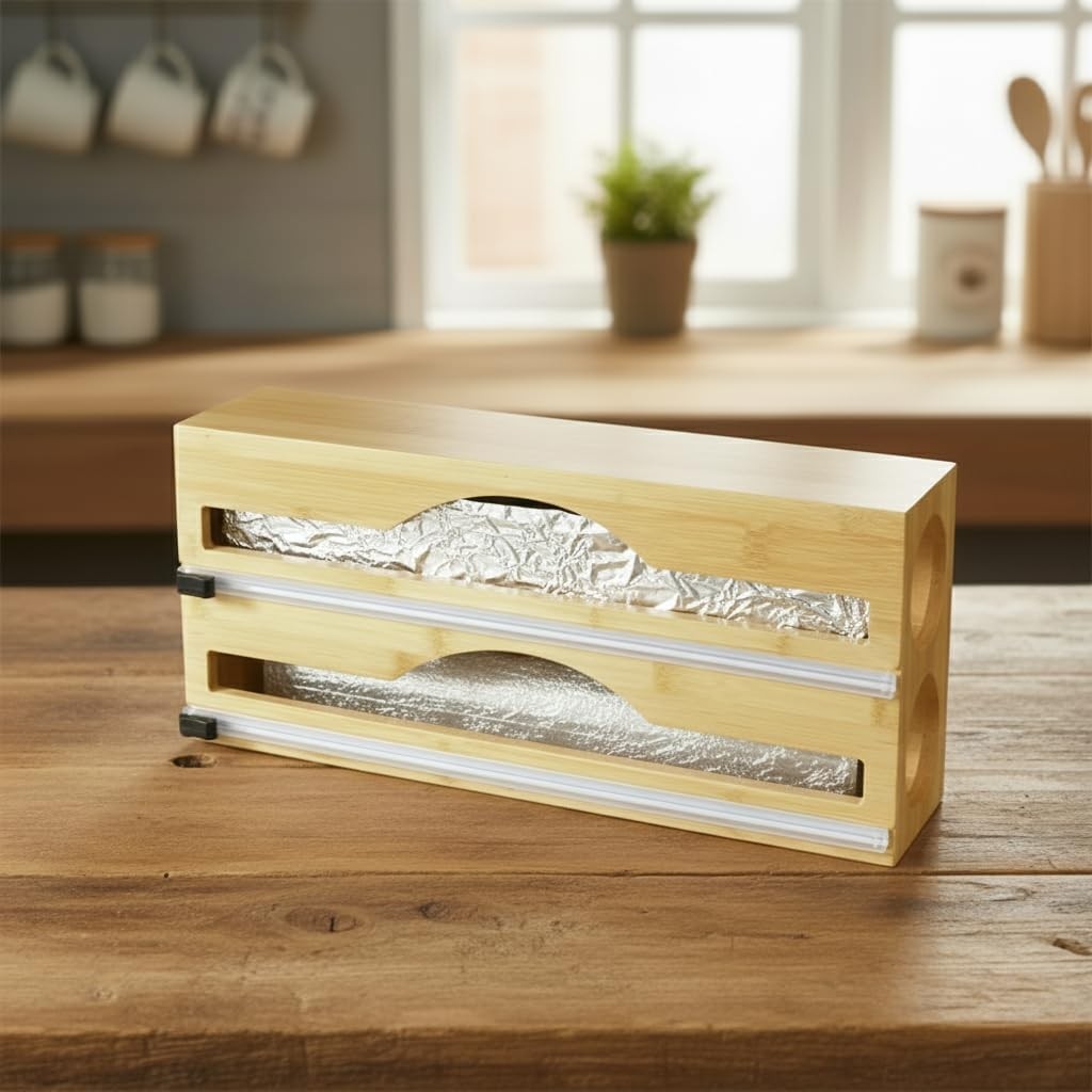 Özkaya Store Bambu Streç Film ve Folyo Düzenleyici, Kaydırılabilir Kesicili, 2'si 1 Arada Mutfak Çekmece Içi ve Tezgah Üstü Organizer, Alüminyum Folyo ve Yağlı Kağıt Kesici Saklama Kutusu (35,5 Cm) görsel 5