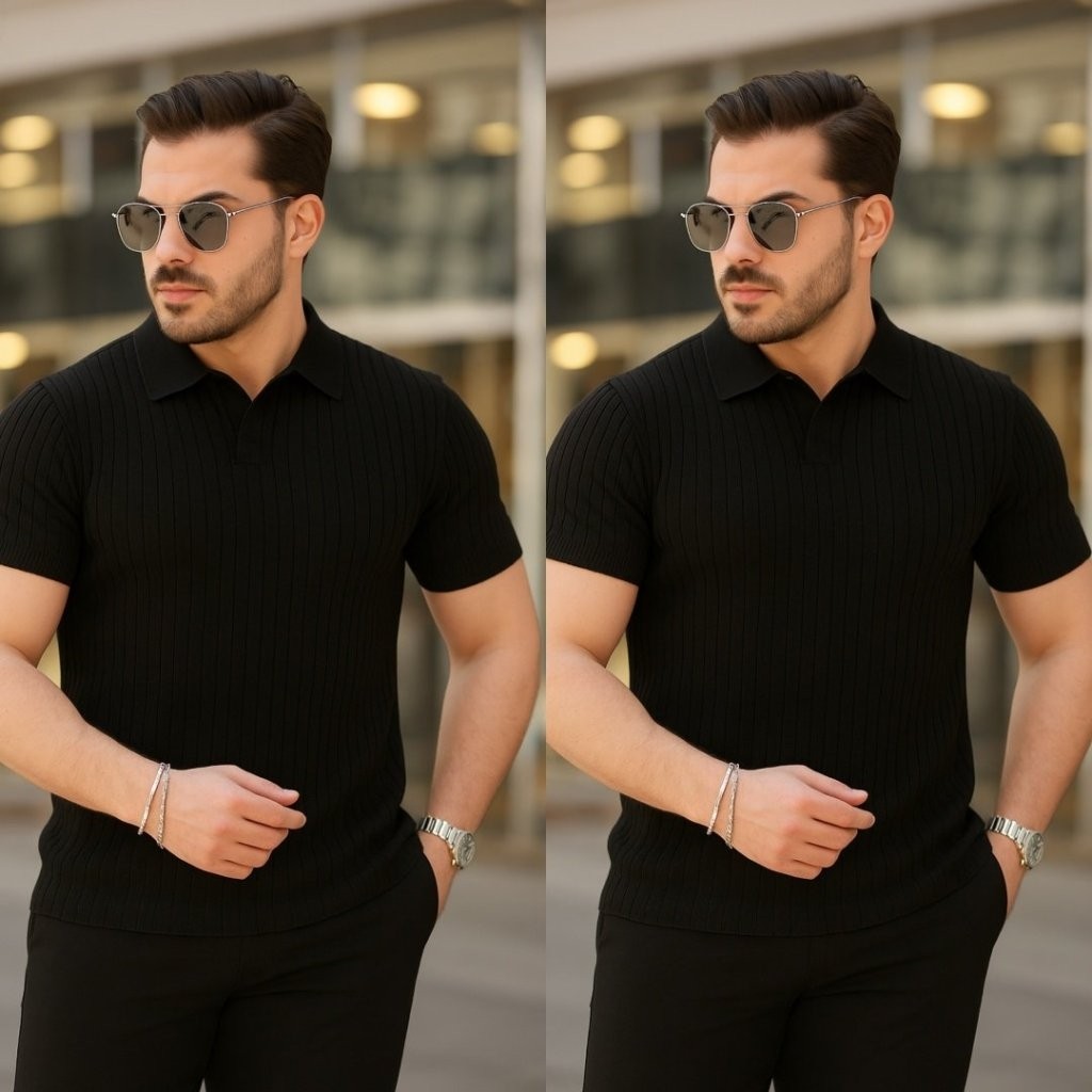 TeknoKapsül Erkek Kısa Kollu Yakalı Çizgi Desenli Triko Bluz - Siyah / Standart görsel 3