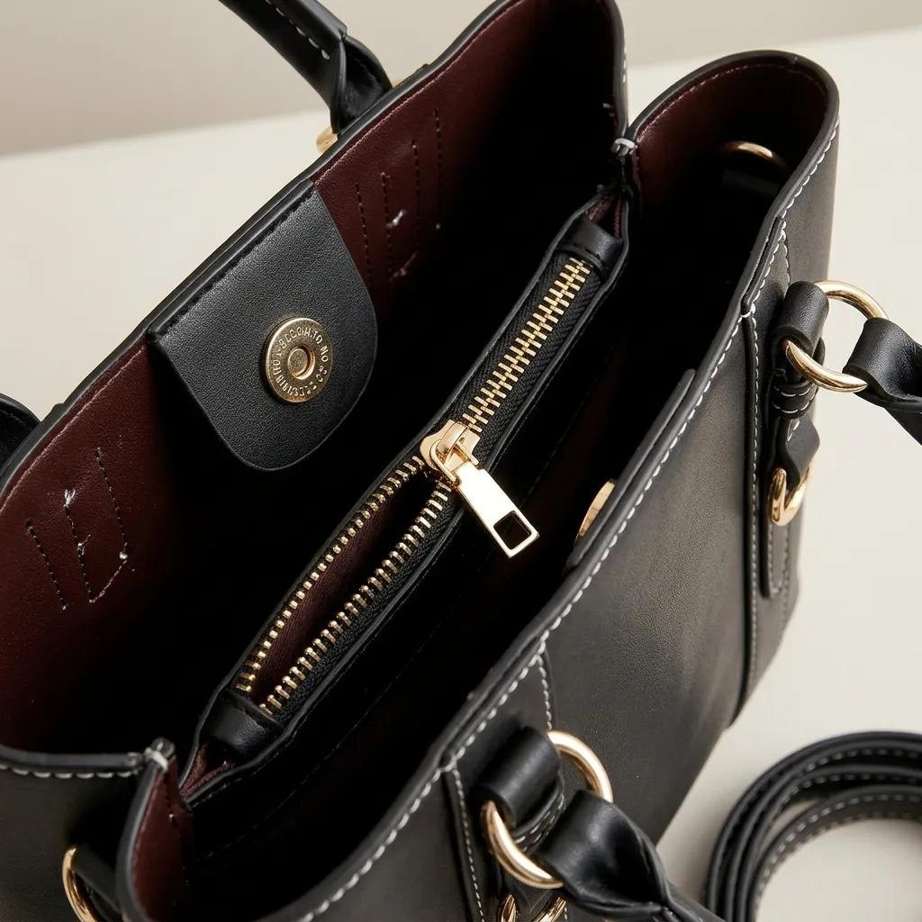 E-Woman Siyah Kilit Detaylı 3 Gözlü Kadın El ve Çapraz Askılı Çanta 24X18 cm - Lisinya görsel 3