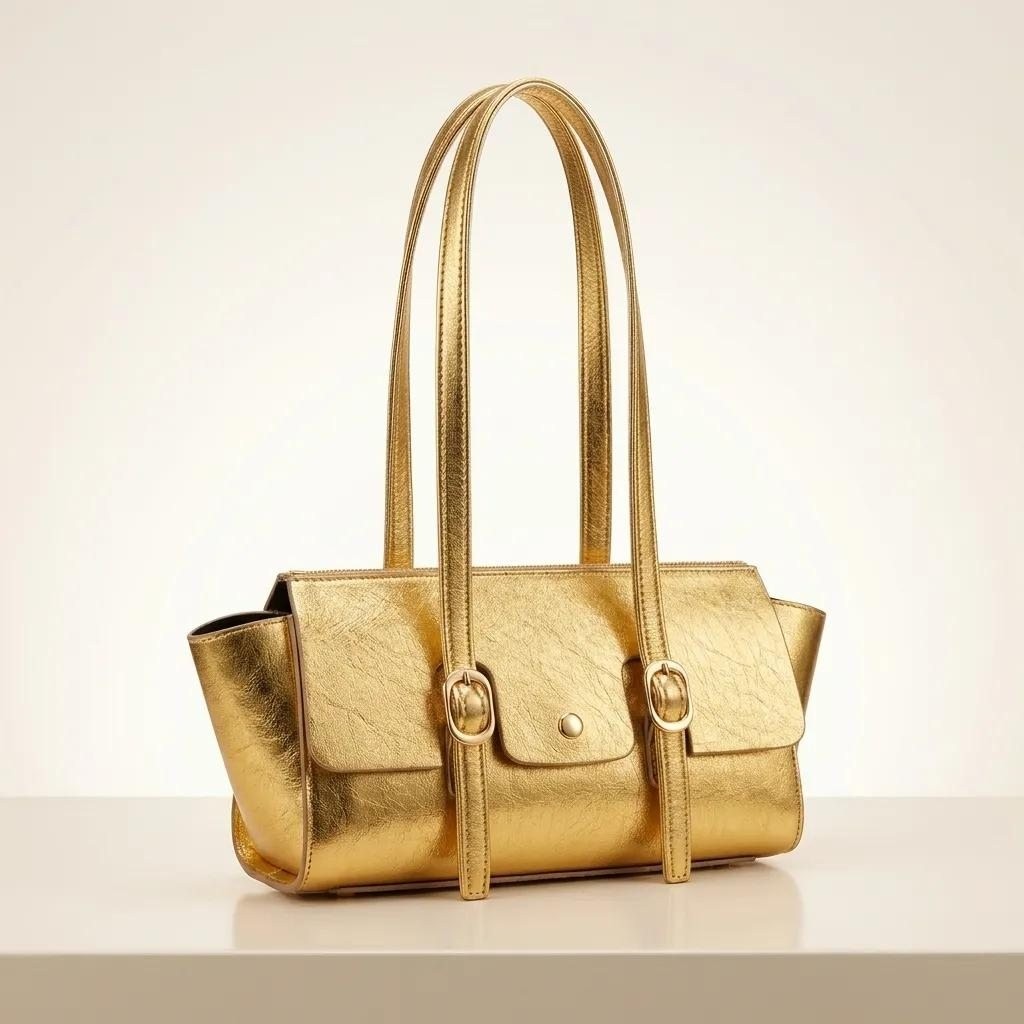 Lisinya Parlak Gold Mini Omuz Çantası Yumuşak Deri Görünümlü Fermuarlı Kadın El ve Kol Çantası - Lisinya