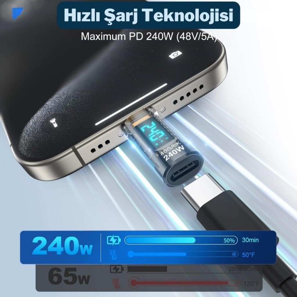 Aesco Polham 8k Hdmi, 40GPBS ve 240W Süper Hızlı Dişi Type C To Erkek Type C Şarj, Data ve Hdmi Çevirici Adaptör görsel 4