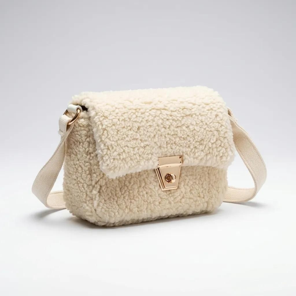 Ematcrt Krem Peluş Görünümlü Kadın Omuz ve Çapraz Askılı Çanta 18X14 cm - Lisinya görsel 2