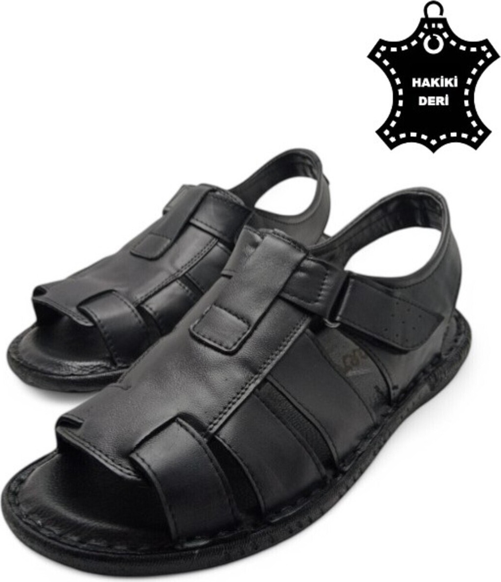 Magic Shoes Siyah Hakiki Deri Ortopedik Erkek Sandalet Cırtlı Bağlama ile Günlük Rahatlık Sunar görsel 6