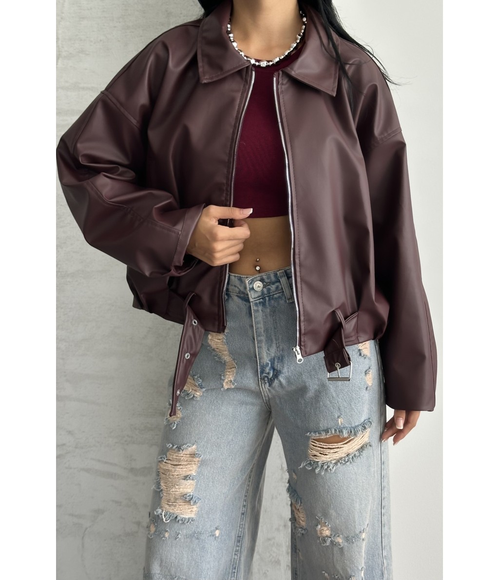 Moda Armanc Kadın Oversize Bomber Suni Deri Ceket | Yeni Sezon Kemerli Biker Ceket görsel 4