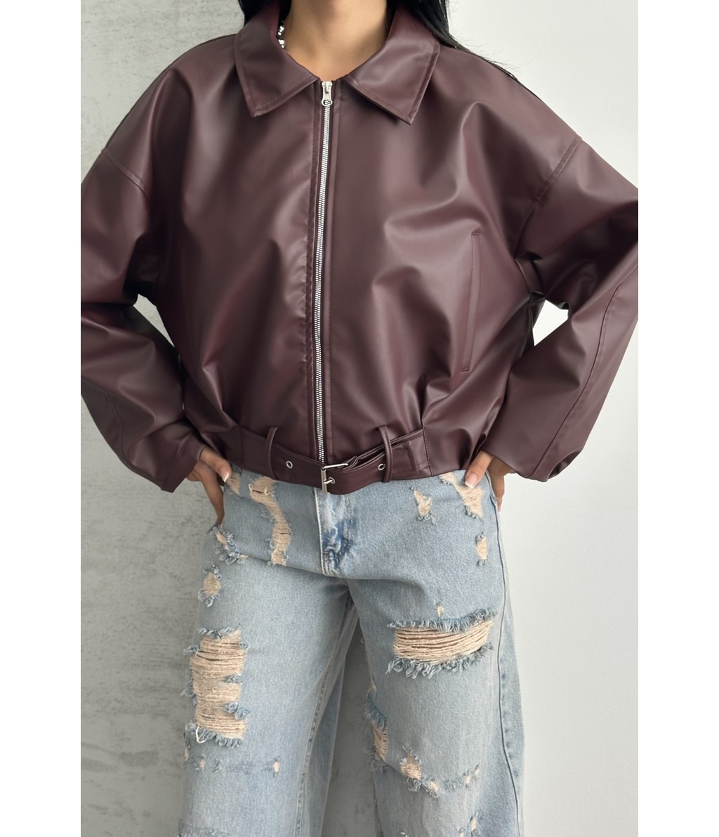 Moda Armanc Kadın Oversize Bomber Suni Deri Ceket | Yeni Sezon Kemerli Biker Ceket görsel 5