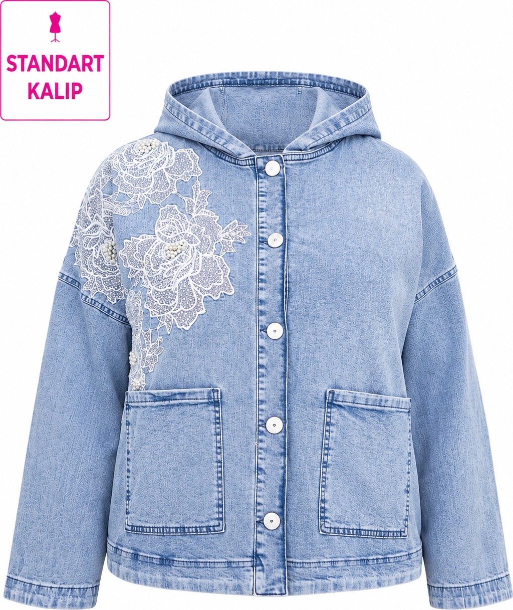 Trieste Wear Büyük Beden Kapüşonlu Düğmeli Çiçek Dantel ve Inci Detaylı Ince Denim Kadın Ceket görsel 2