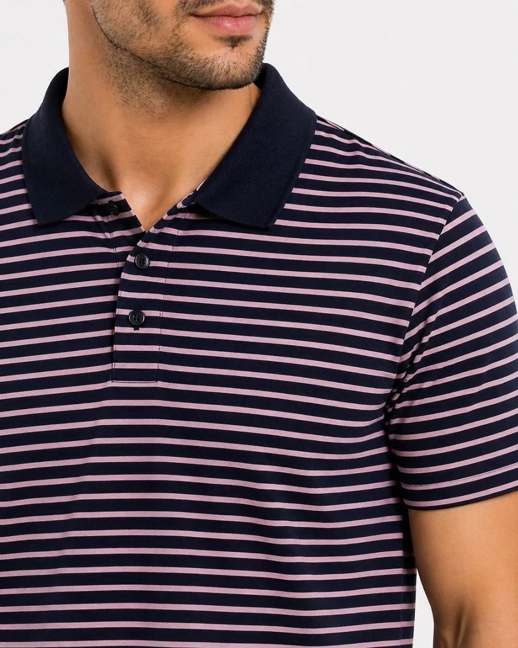 Tarz Yeri Erkek Pike Kumaş Gül Kurusu Çizgili Polo Yaka Tişört Kısa Kol T-Shirt - Siyah görsel 2