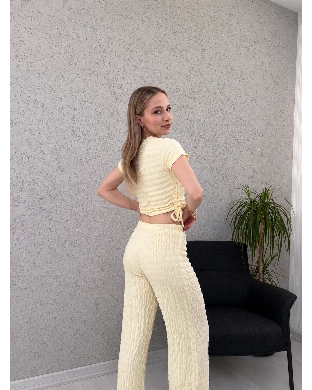 Gk Luxury & Fashion Crop ve Pantolon Ikili Takım Bubble Kumaş Yumuşacık - Yanı Kanallı Crop ve Yüksek Bel Pantolon görsel 7