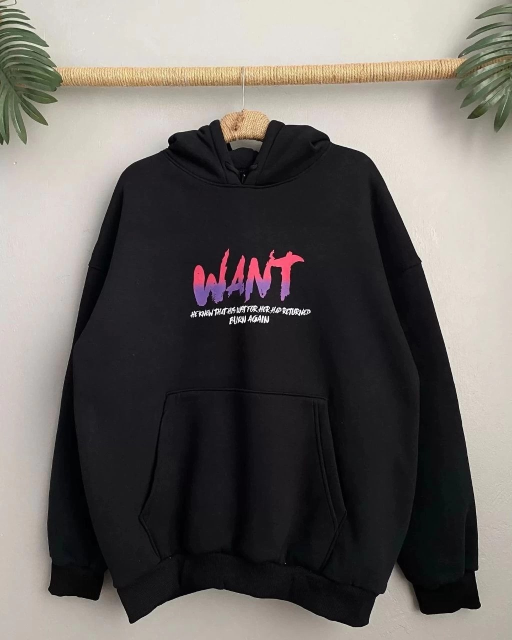 Kadın Oversize Kapüşonlu Cepli Want Baskılı 3 Iplik Pamuklu Hoodie Sweatshirt - Siyah görsel 3