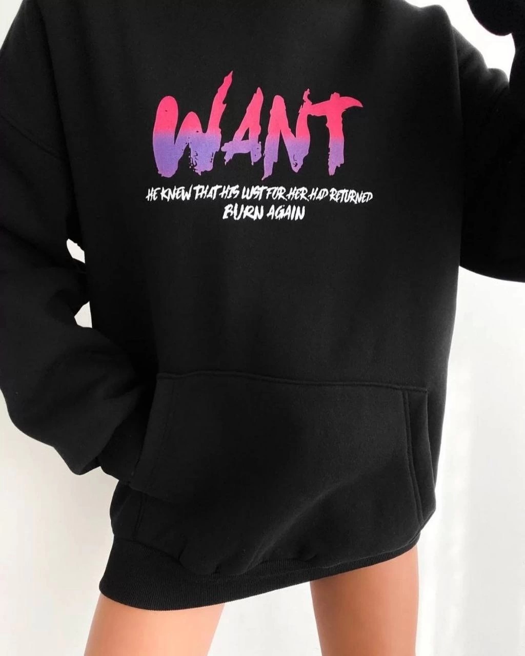 Tarz Yeri Kadın Oversize Kapüşonlu Cepli Want Baskılı 3 Iplik Pamuklu Hoodie Sweatshirt - Siyah
