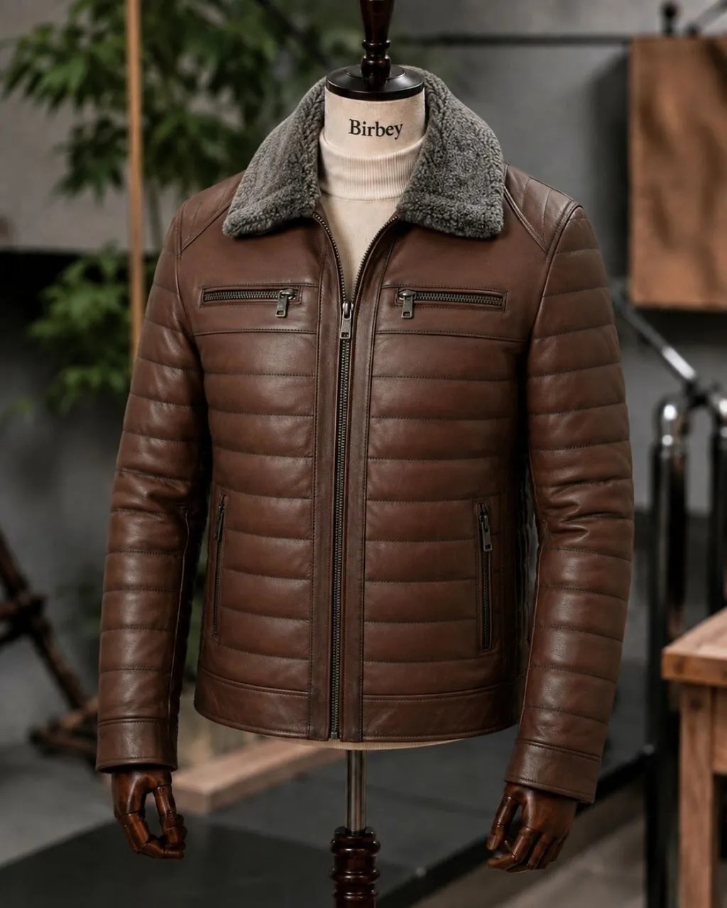 Moda Erkek Kahverengi Yakası Kürklü Fermuarlı Içi Astarlı Hakiki Deri Mont Ceket