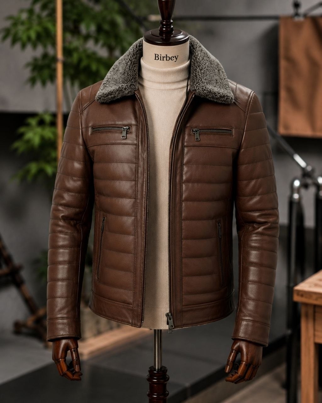 Moda Erkek Kahverengi Yakası Kürklü Fermuarlı Içi Astarlı Hakiki Deri Mont Ceket görsel 2
