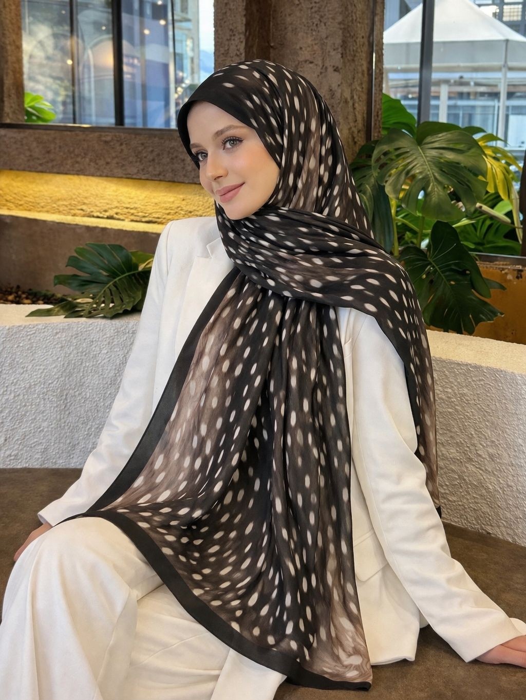Revam Collection Ceylan Desen Pamuk Soft Şal Siyah-Camel görsel 2