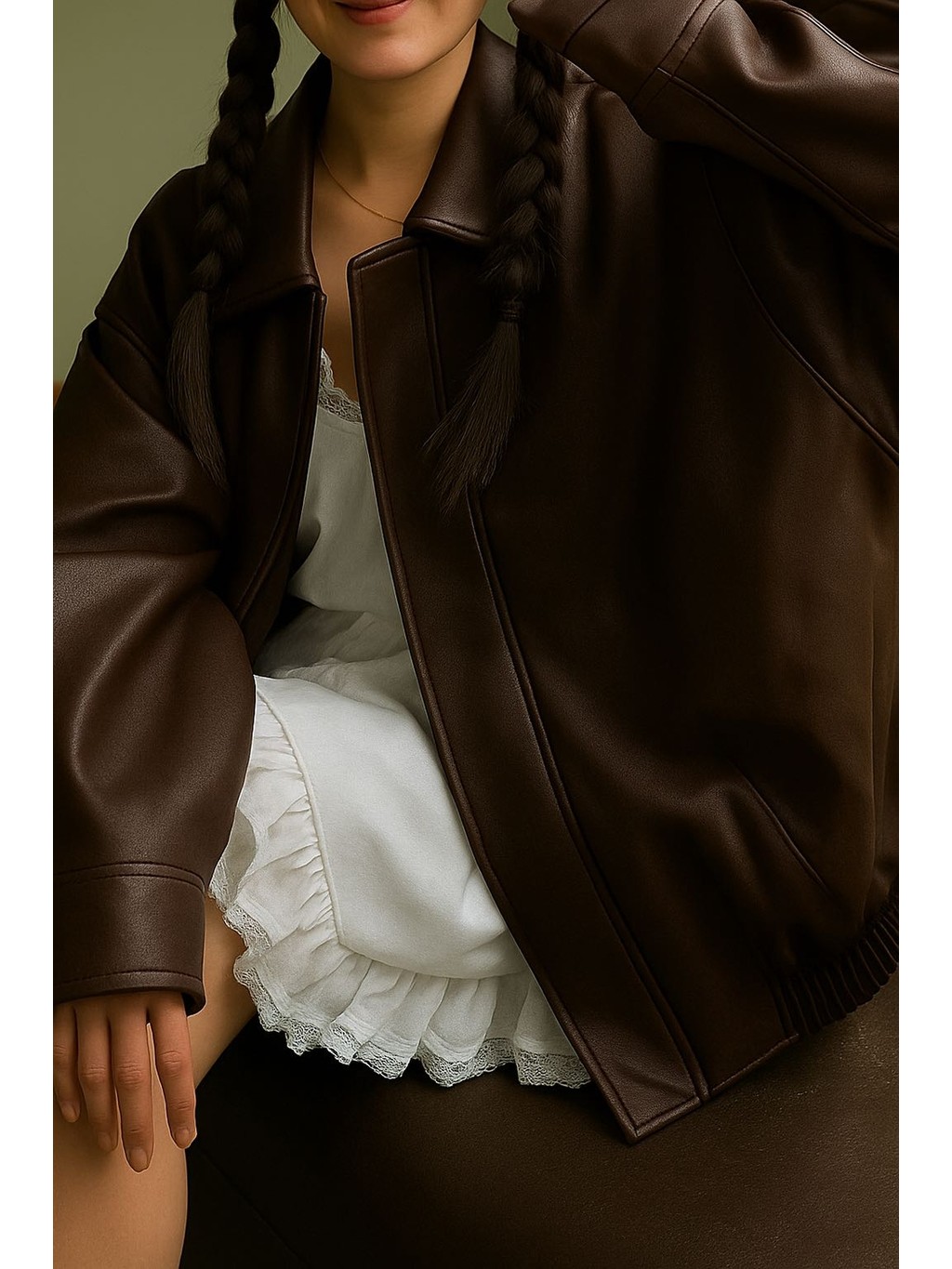 Çerme Vintage Kadın Oversize Siyah Deri Ceket görsel 6