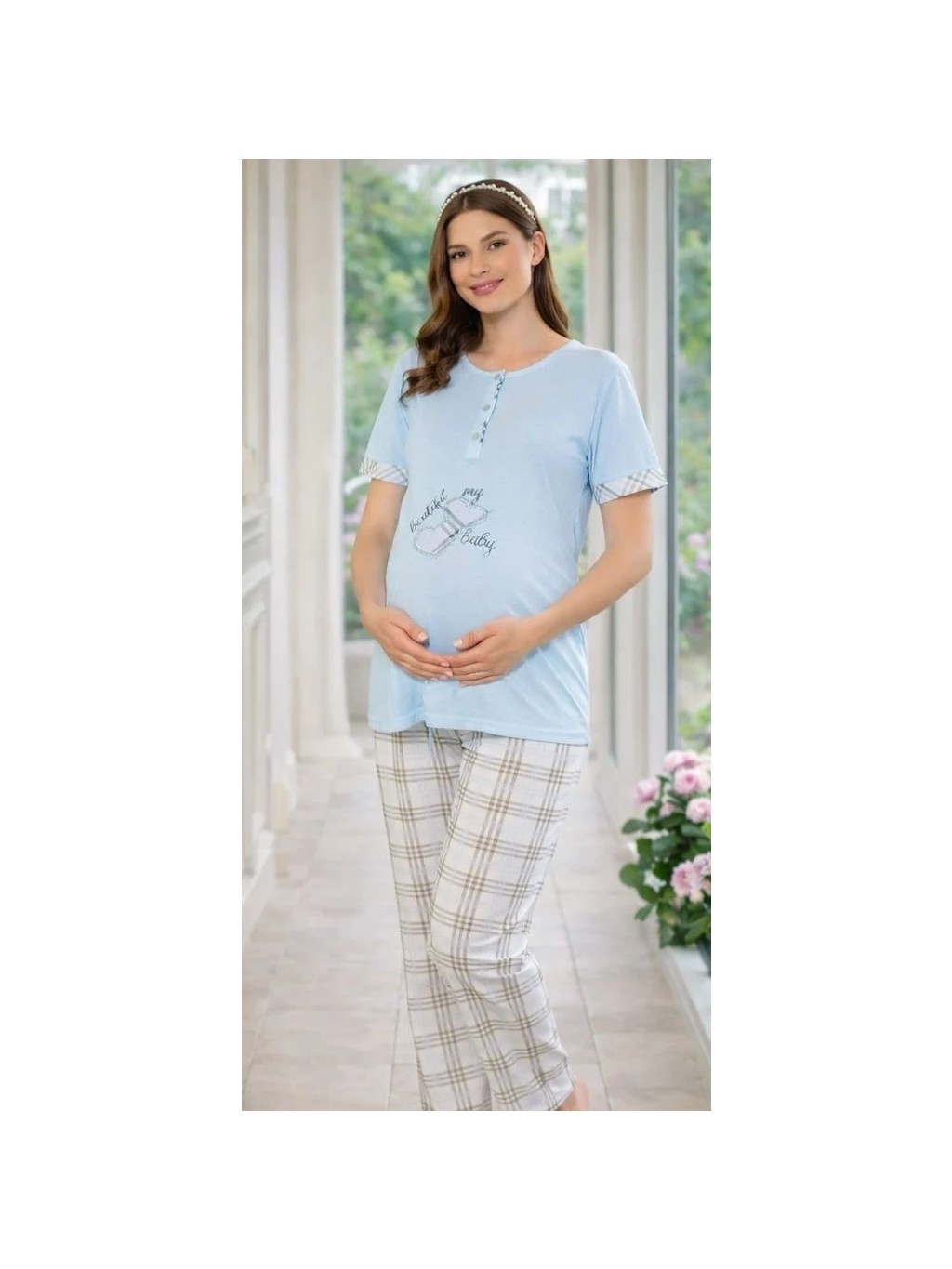 Flz Hamile Pijama Takımı, Desenli Lohusa Pijama Rahat ve Şık Yazlık Flz 24-80 görsel 4