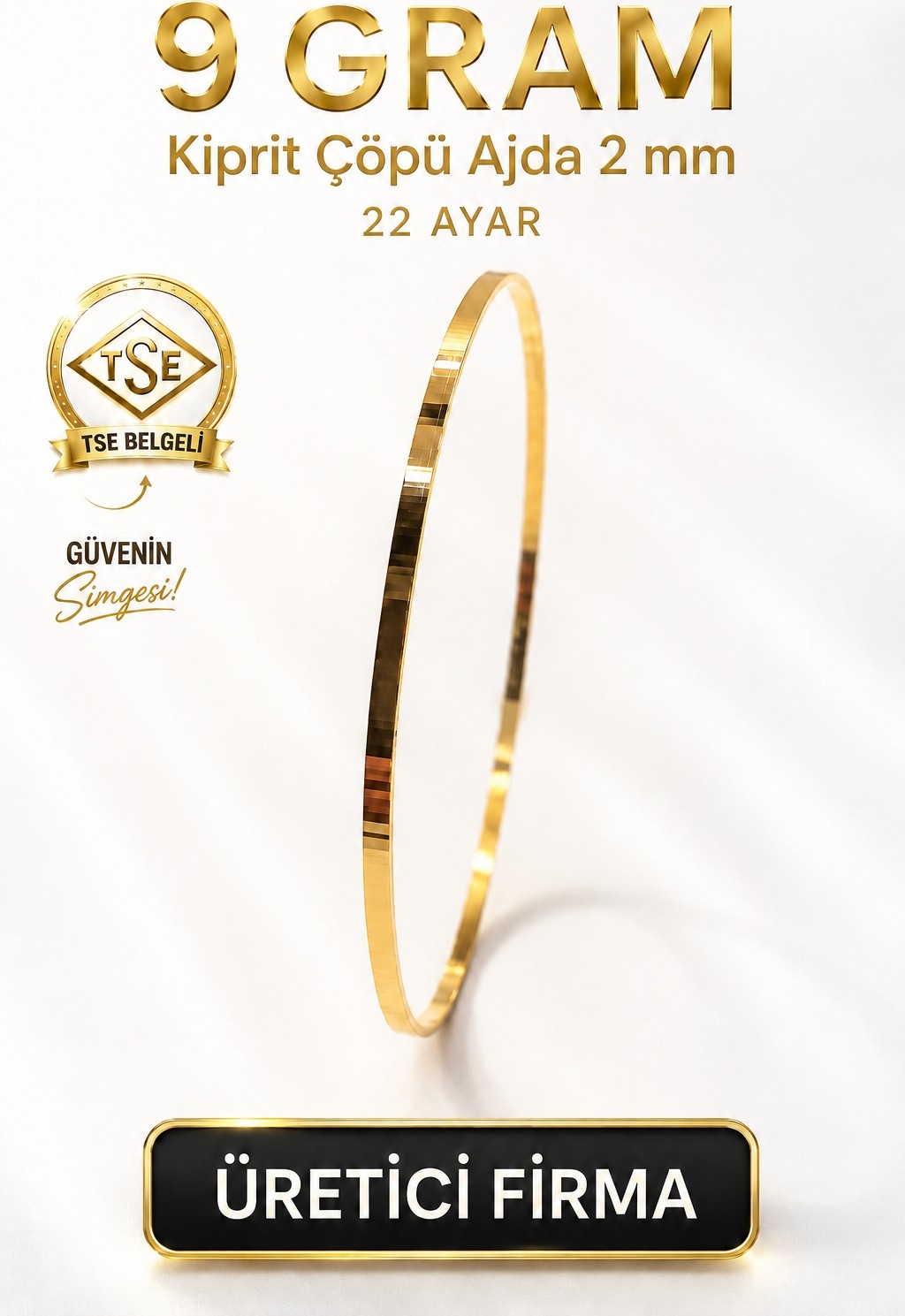 Aks Gold 22 Ayar TSE Belgeli (9 GRAM) 2 mm Kiprit Çöpü Ajda Altın Bilezik Gold Düğün