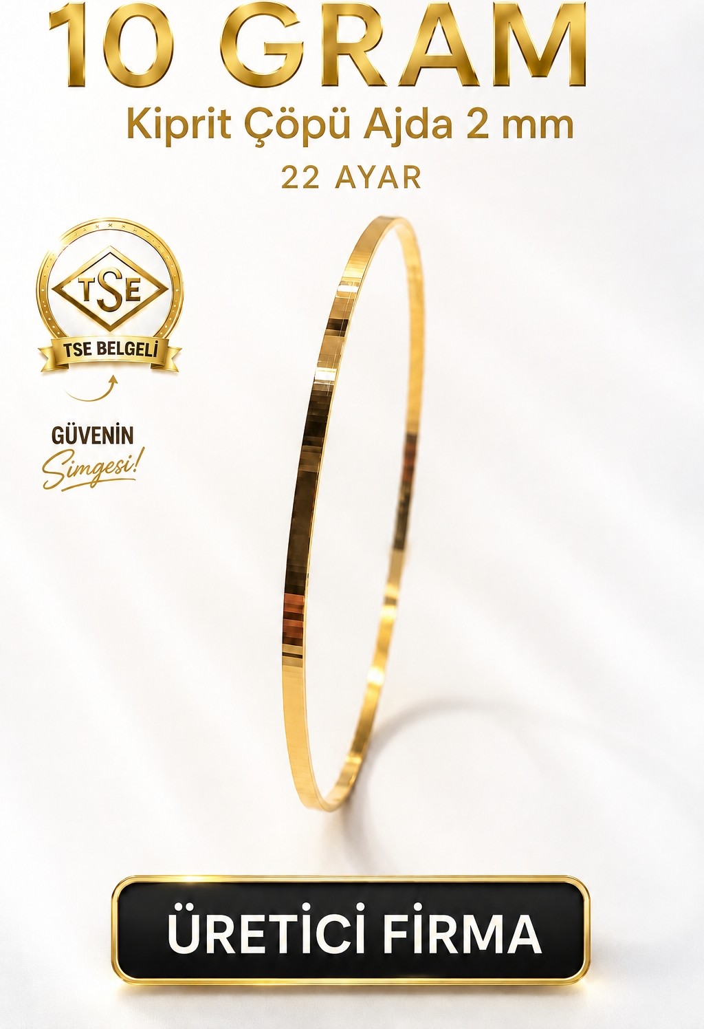 Aks Gold 22 Ayar TSE Belgeli (10 GRAM) 2 mm Kiprit Çöpü Ajda Altın Bilezik Gold Düğün
