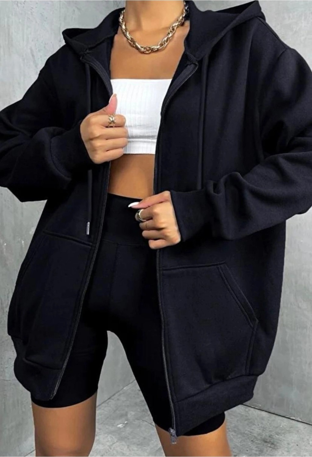 Tarzsokak Siyah Oversize 3 Iplik Kalın Içi Polarlı Fermuarlı 1.kalite Bol Kesim Düz Baskısız Sweatshirt