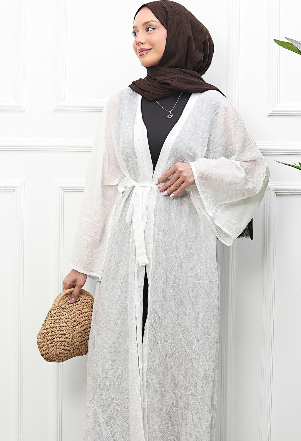 İmaj Butik Ekru Bel Bağlamalı Uzun Kimono görsel 2
