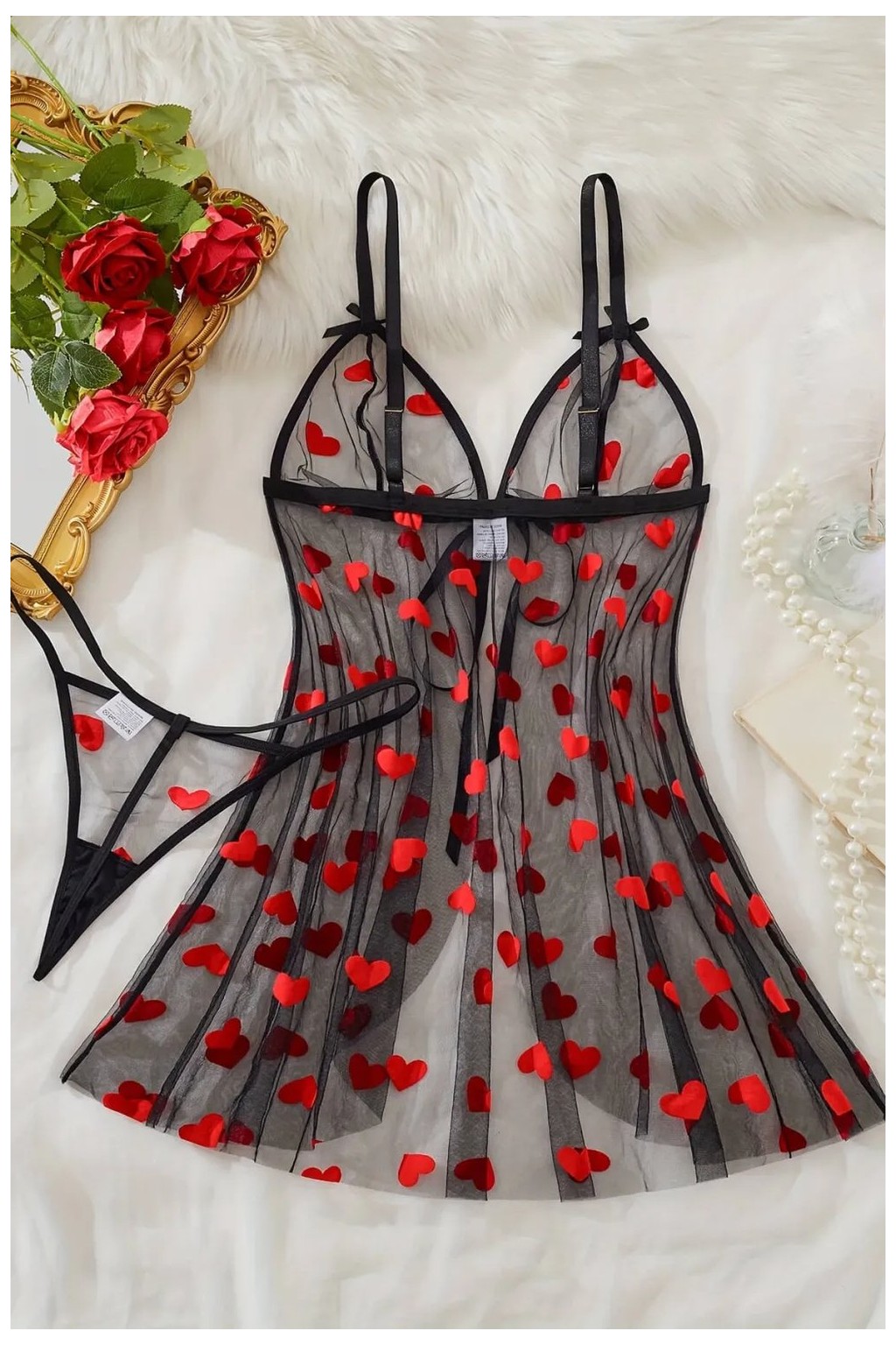 D Lingerie Noire Romance Heart Transparan Babydoll Gecelik DM1378