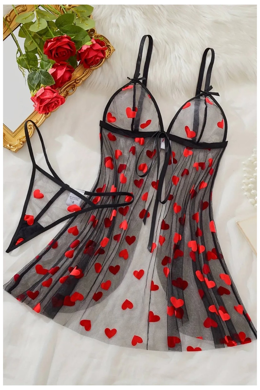 D Lingerie Noire Romance Heart Transparan Babydoll Gecelik DM1378 görsel 3
