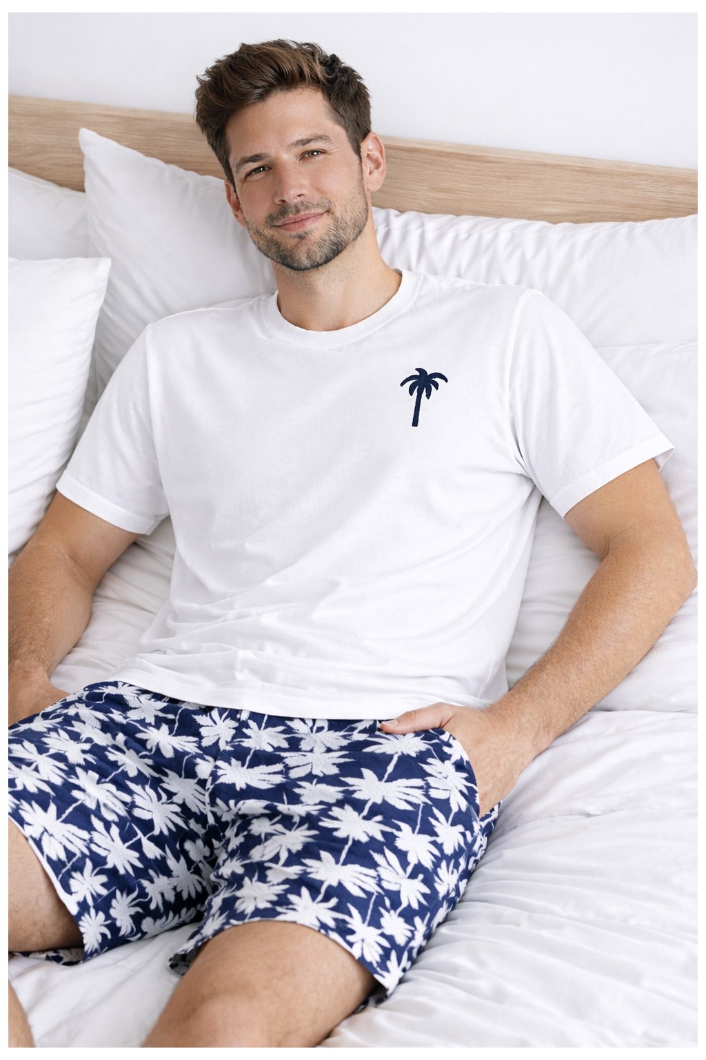 Koza İç Giyim Erkek Pamuklu Kısa Kollu Palmiye Desenli Cepli Şortlu Pijama Takımı