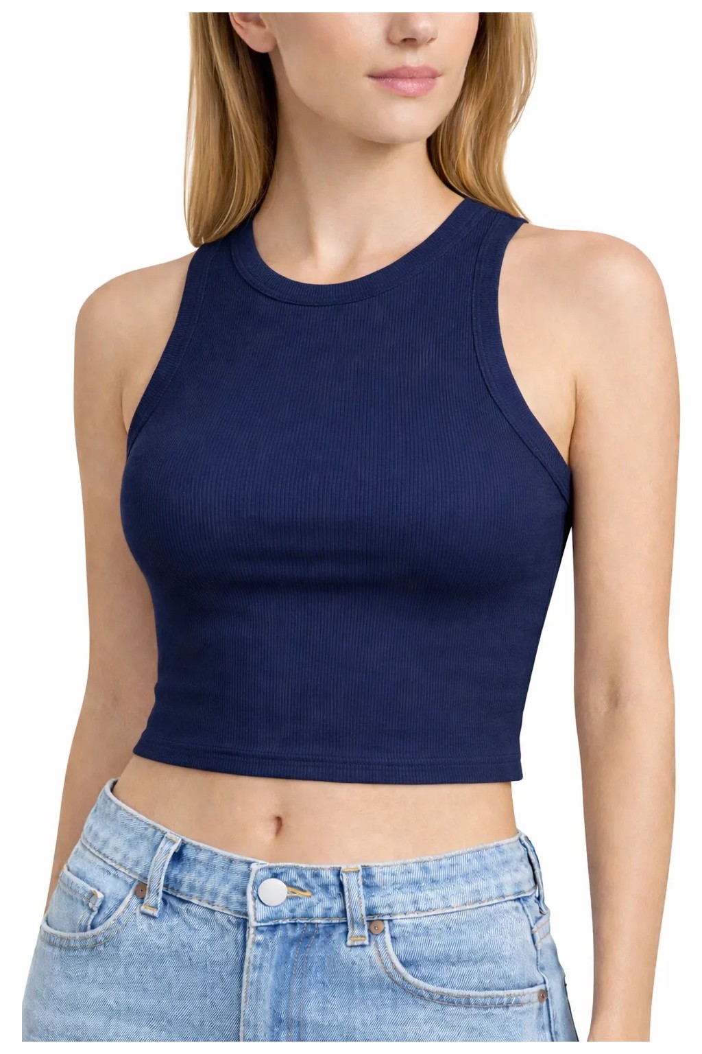 Mmetalic Kadın Lacivert Fitilli Görünümlü Askılı Kalın Esnek Örme Basic Crop Atlet Bluz