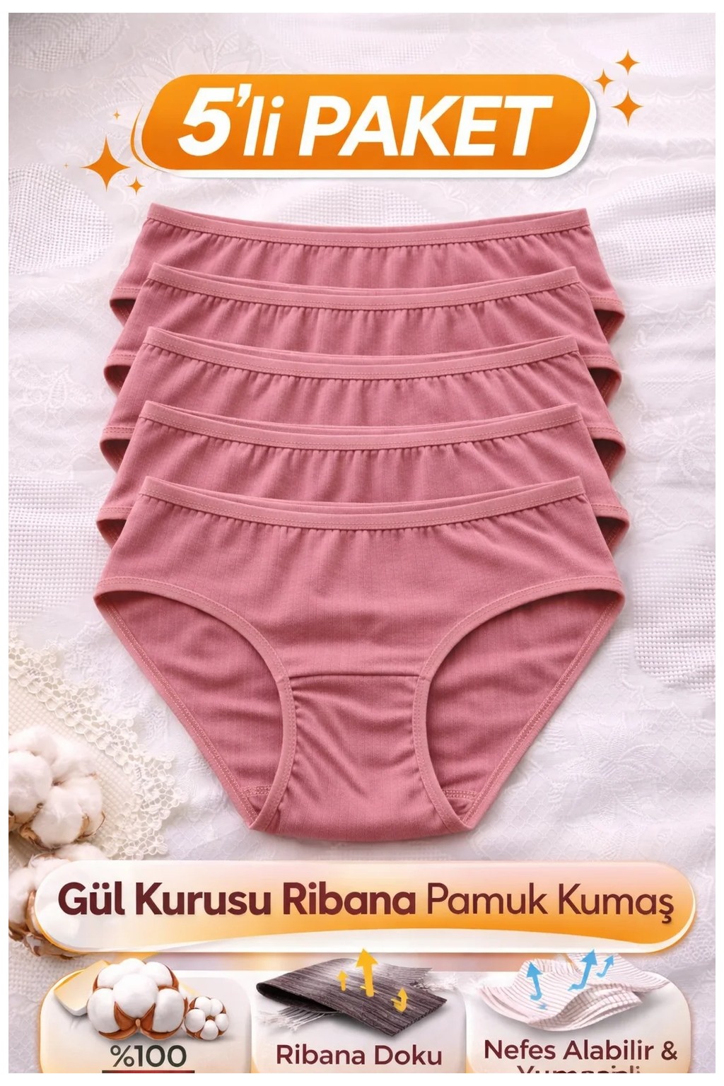 Süsen Lingerie 5li Karışık Renk Kadın Ribana Pamuklu Bato Külot, Kadın Yüzde Yüz Pamuklu Bato Külot