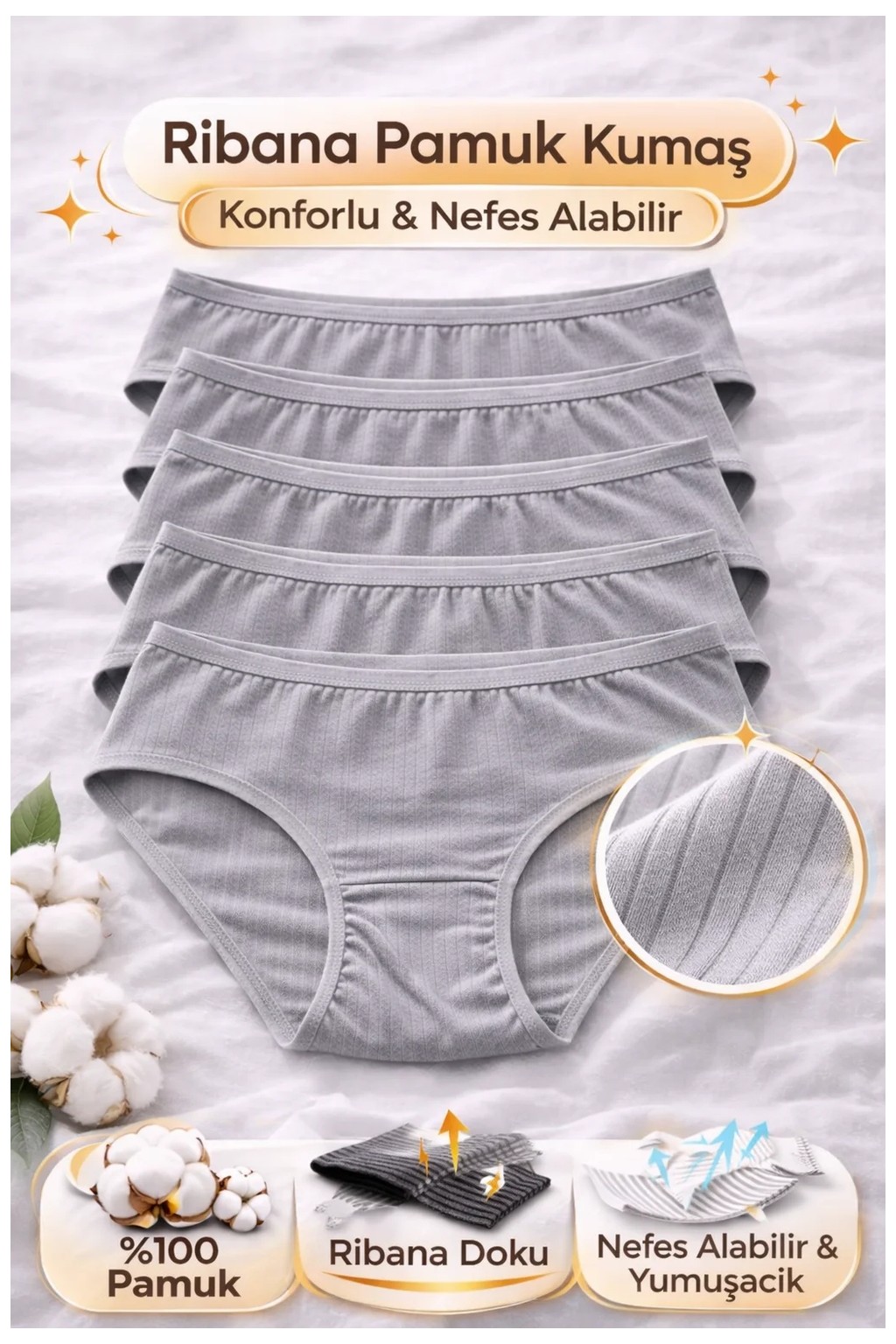 Süsen Lingerie 5li Karışık Renk Kadın Ribana Pamuklu Bato Külot, Kadın Yüzde Yüz Pamuklu Bato Külot görsel 6
