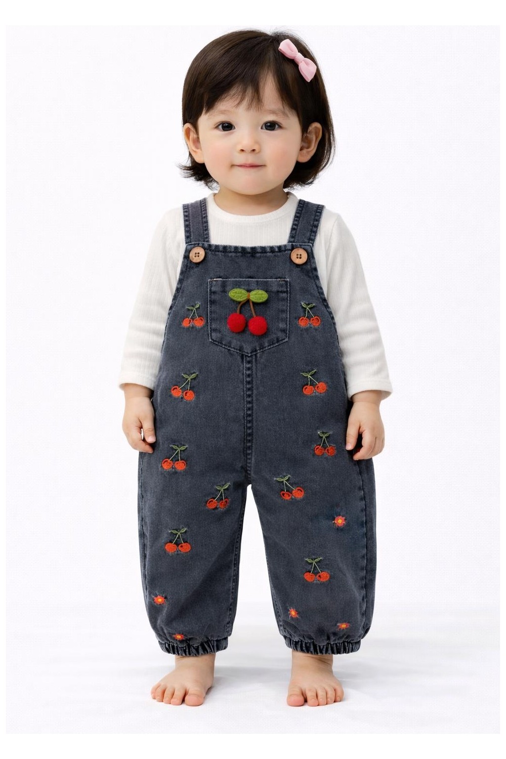 Tuo Bebe Kiraz Nakışlı Kot Kumaş Mevsimlik 2li Salopet Set