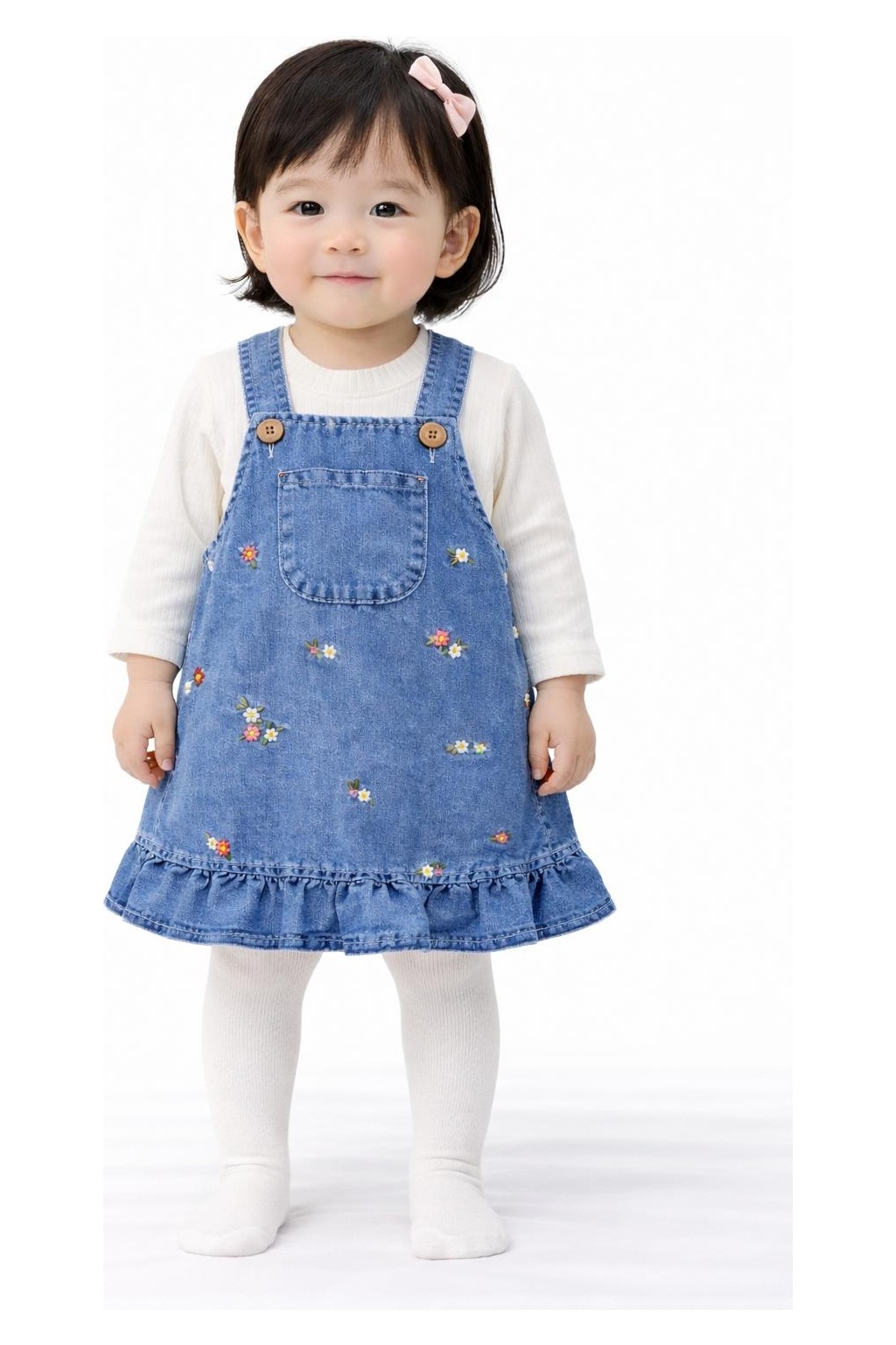Tuo Bebe Kız Bebek Kot Salopet Elbise Cicek Detaylı, Bluzlu Takım