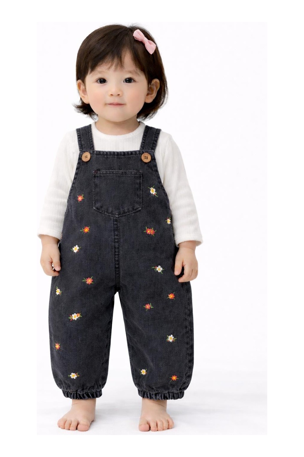 Tuo Bebe Renkli Çiçek Nakışlı Kot Kumaş Mevsimlik 2li Salopet Set