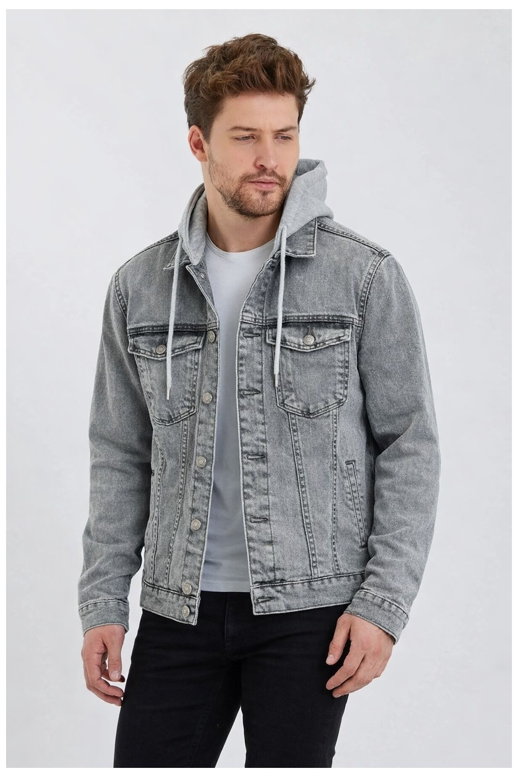 Damga Erkek Denim Günlük Kapşonlu Gri Kot Ceket