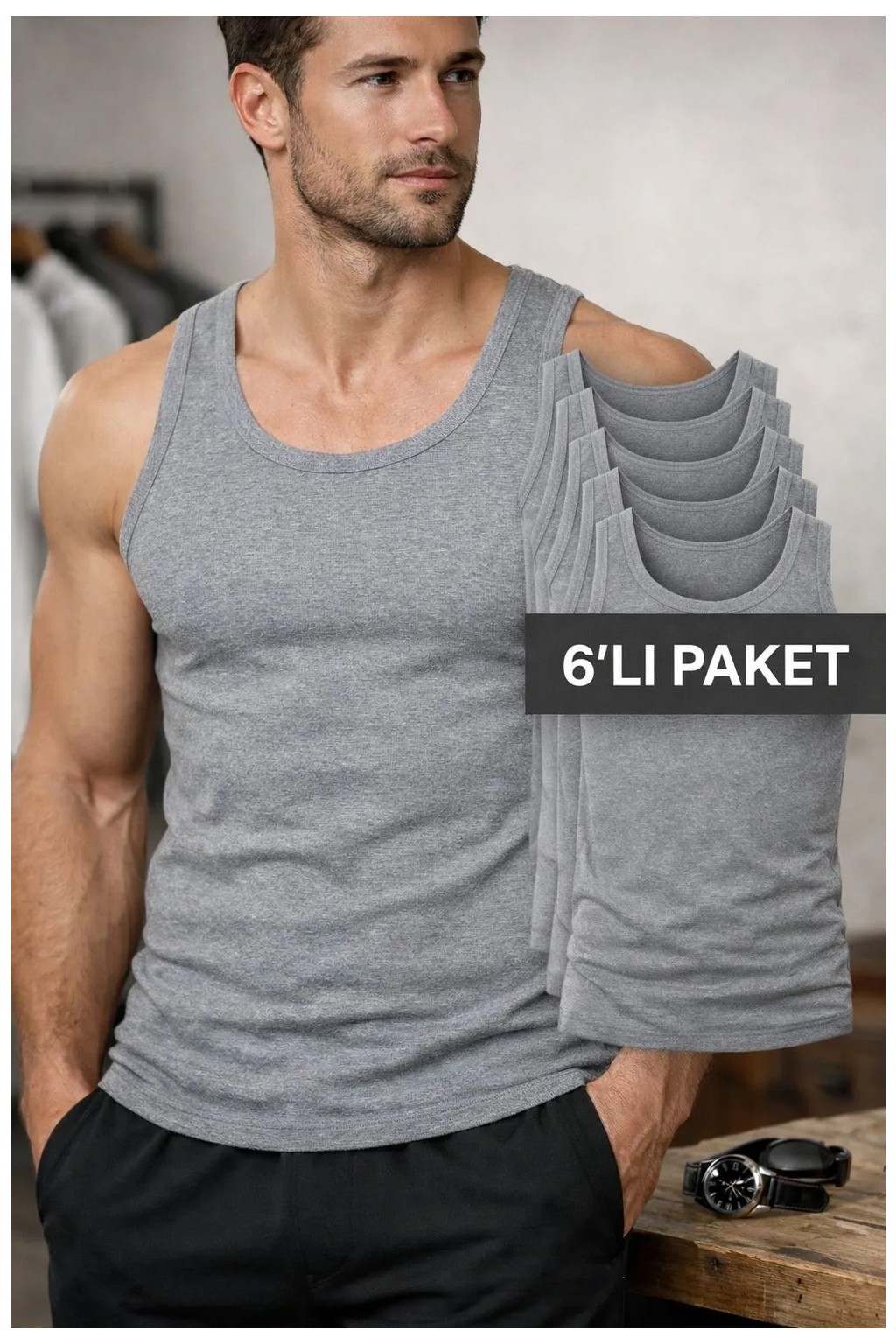 Mostess Gri Erkek Atlet 6 Paket Pamuk Üretim görsel 3