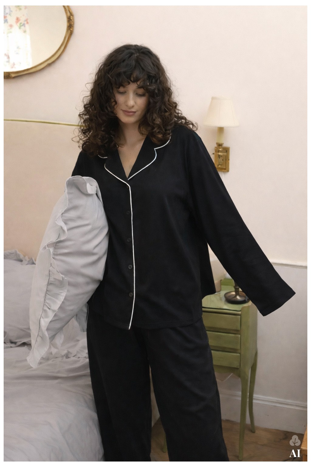 Koza İç Giyim Kadın Viskon - Yumuşak Dokulu Düğmeli Biyeli Bol Paça Pijama Takımı