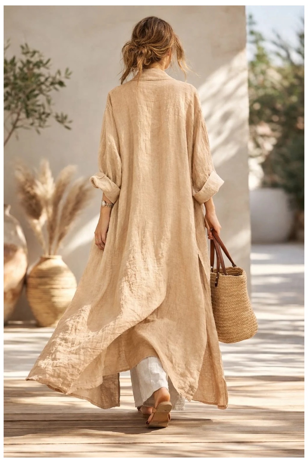 Eren Style Bohomiyan Italyan Uzun Cepsiz Keten Kaftan & Kap (140-CM) görsel 2