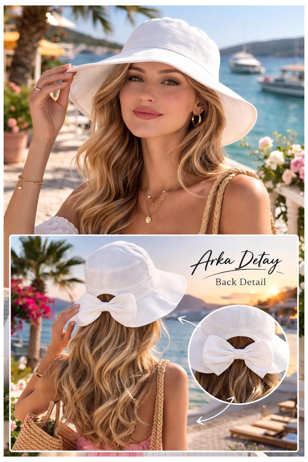 Wearflawless Kadın Keten Bucket Fiyonklu Yazlık Plaj Şapkası, Ayarlanabilir Geniş Kenarlı Tatil Şapkası