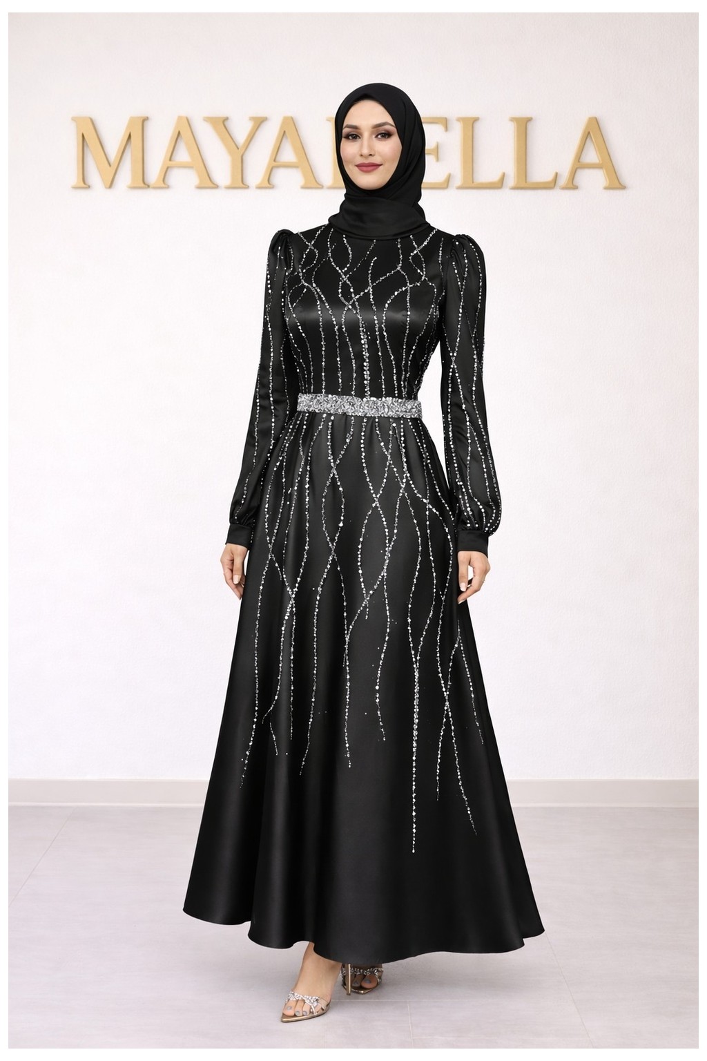 MayaBella Saten Kolları ve Önü Işlemeli Tesettür Abiye